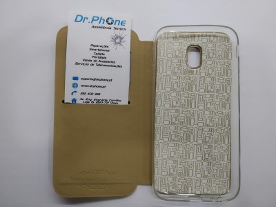 Capa de telemóvel bege claro aberta com cartão Dr.Phone