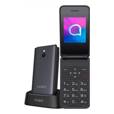 Telefone móvel Alcatel flip preto com suporte de carregamento