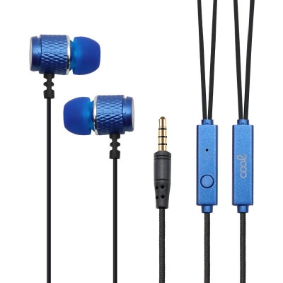 Auriculares intra-auriculares azuis com cabo preto e controlo remoto azul