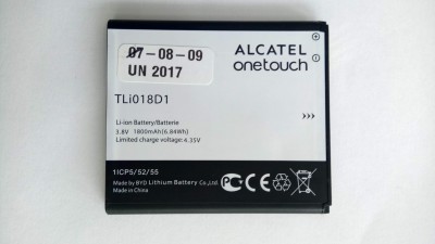 Bateria Alcatel onetouch preta e branca com texto sobre capacidade e fabricante