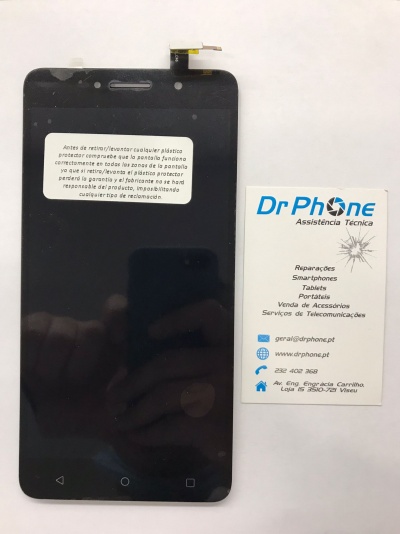 Ecrã preto de smartphone com aviso e cartão de visita Dr Phone