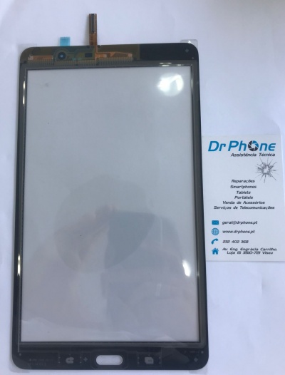 Ecrã táctil preto para telemóvel com fita flex dourada e cartão de assistência técnica Dr Phone