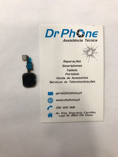 Componente de smartphone preto ao lado de cartão de visita da Dr Phone Assistência Técnica