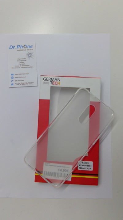 Capa transparente para Xiaomi Redmi Note 5 na embalagem e cartão de assistência técnica