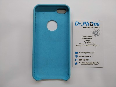 Capa de telemóvel azul clara e cartão de visita da Dr.Phone Assistência Técnica