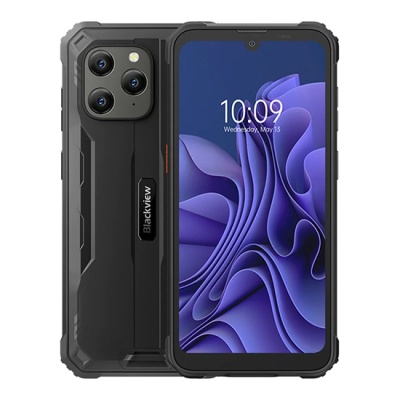 Smartphone Blackview preto com câmara tripla e ecrã frontal a mostrar 10:09