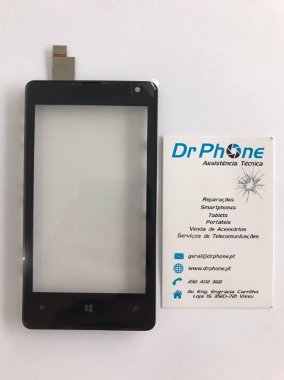 Ecrã tátil preto de smartphone junto a cartão de visita da Dr Phone