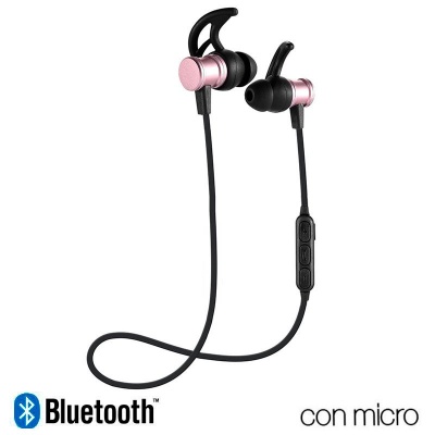 Auriculares Bluetooth pretos com metal rosa e microfone
