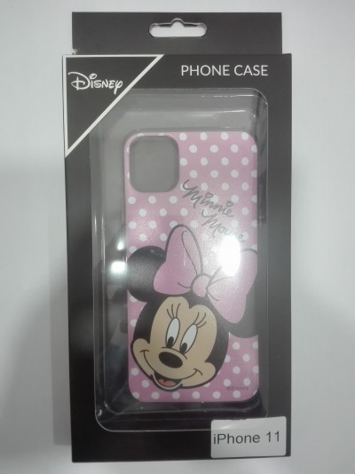 Estojo para iPhone 11 com imagem da Minnie Mouse numa embalagem preta
