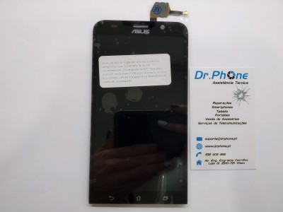Ecrã de smartphone ASUS preto ao lado de cartão de visita Dr.Phone Assistência Técnica