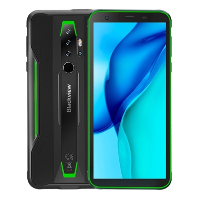 Smartphone Blackview preto com detalhes verdes e ecrã azul