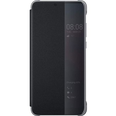 Capa protetora preta para smartphone com janela transparente mostrando informações do ecrã