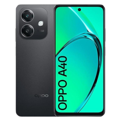 Smartphone OPPO A40 preto com duas câmaras traseiras e ecrã frontal com texto OPPO A40