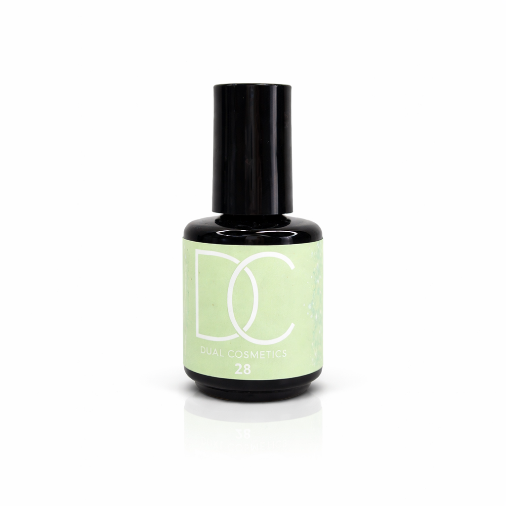 Cor 28 Frasco pequeno de cosmético negro com rótulo verde claro e tampa preta