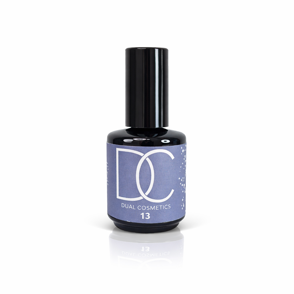 Cor 13 Frasco de verniz de unhas Dual Cosmetics 13 com tampa preta e rótulo azul