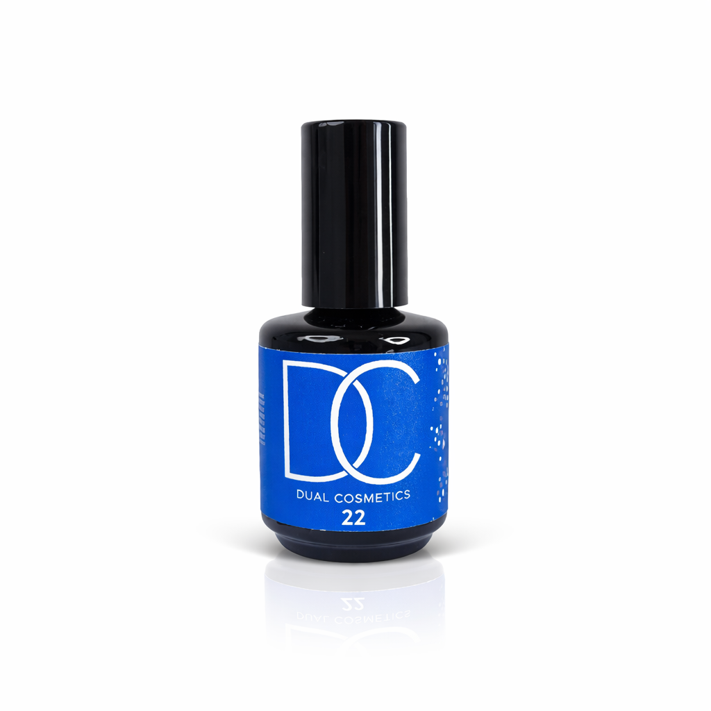 Cor 22 Frasco cosmético preto com rótulo azul e texto branco
