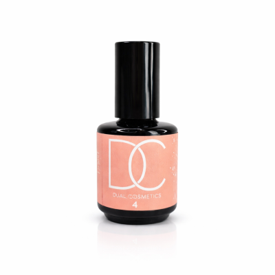Frasco preto de cosmético com etiqueta rosa e texto branco