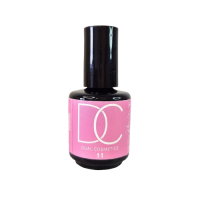 Frasco de verniz de unhas Dual Cosmetics com rótulo rosa e tampa preta