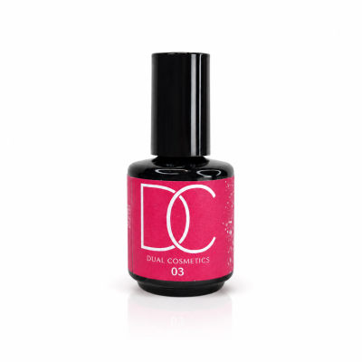 Frasco de verniz de unhas Dual Cosmetics 03 com tampa preta e etiqueta rosa.
