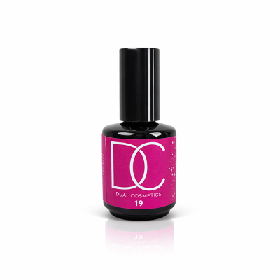 Frasco preto de verniz de unhas com rótulo rosa e letras brancas