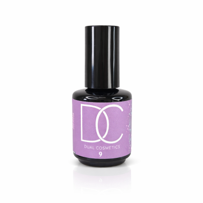 Frasco preto de verniz de unhas Dual Cosmetics com rótulo lilás e número 9
