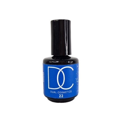 Frasco de verniz para unhas azul com tampa preta e rótulo DC DUAL COSMETICS 22