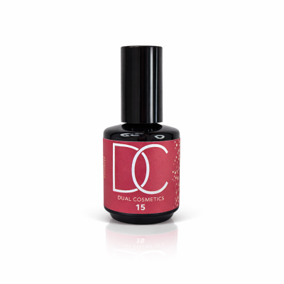 Frasco preto de verniz de unhas com rótulo vermelho DC Dual Cosmetics 15