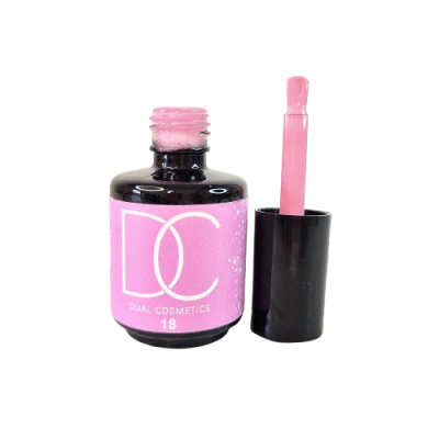 Frasco de verniz de unhas rosa com tampa preta aberta e aplicador