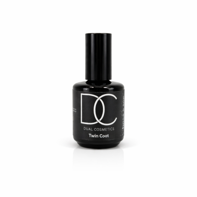 Frasco de verniz para unhas preto com rótulo DC DUAL COSMETICS Twin Coat