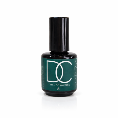 Frasco de verniz de unhas verde da Dual Cosmetics com tampo preto.