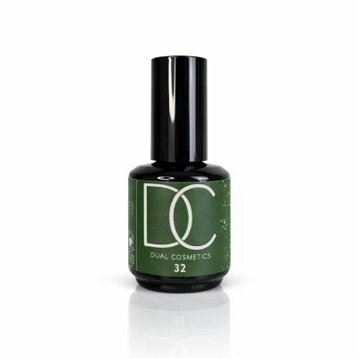 Frasco de verniz para unhas Dual Cosmetics com rótulo verde e tampa preta