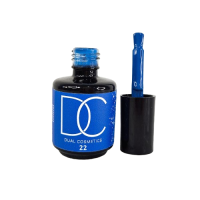 Frasco de verniz para unhas azul com tampa preta e pincel