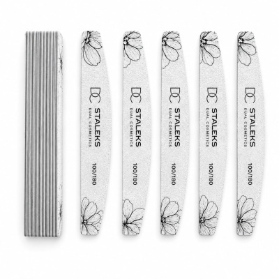 Conjunto de lixas de unhas brancas com padrão floral e texto Staleks em fundo branco