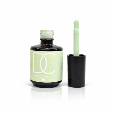 Frasco de verniz de unha verde com pincel e rótulo DC Dual Cosmetics