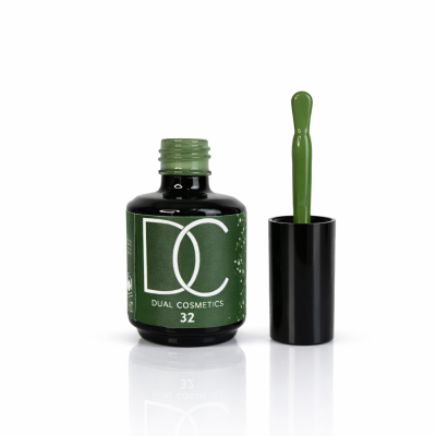 Frasco de verniz de unhas com pincel verde e rótulo DC Dual Cosmetics 32