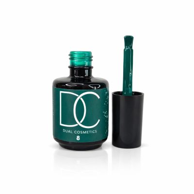 frasco de verniz para unhas verde escuro com rótulo DC Dual Cosmetics