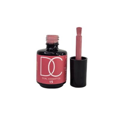 Verniz para unhas rosa suave de Dual Cosmetics com tampa preta e rótulo vermelho