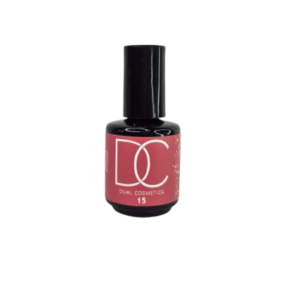 Frasco de verniz para unhas DUAL COSMETICS nº 15 com rótulo vermelho e tampa preta