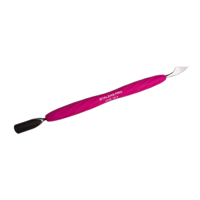 Espátula dupla com cabo rosa e pontas metálicas