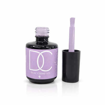Frasco de verniz de unhas lilás da Dual Cosmetics número 9 com tampa preta e pincel
