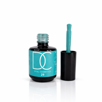 Frasco de verniz de unhas preto com rótulo azul e tampa com pincel azul