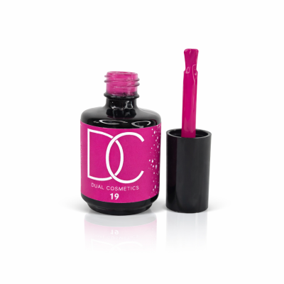 frasco de verniz de unhas rosa e preto com pincel de aplicação