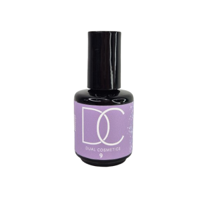 Frasco de verniz para unhas Dual Cosmetics com rótulo lilás e tampa preta