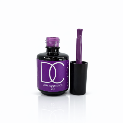 Frasco de verniz roxo DUAL COSMETICS com rótulo roxo e preto e pincel de aplicação