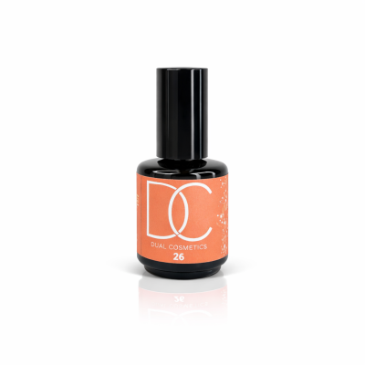 Frasco de verniz de unhas com etiqueta laranja da marca DC Dual Cosmetics