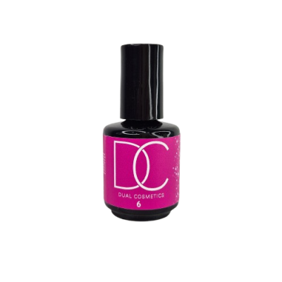 Frasco de verniz para unhas Dual Cosmetics com rótulo rosa e tampa preta
