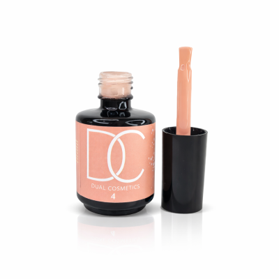 Frasco de verniz de unhas com rótulo coral e pincel aplicador.