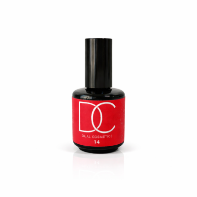 Frasco de verniz de unhas vermelho com tampa preta e etiqueta da marca Dual Cosmetics número 14