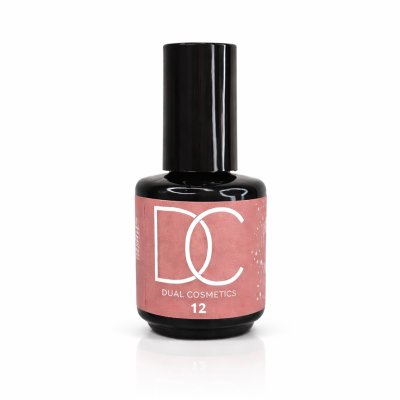 Frasco preto de verniz de unhas com rótulo cor de rosa e texto branco