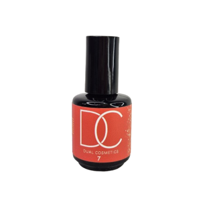 Frasco de verniz de unha Dual Cosmetics preto com rótulo vermelho e branco